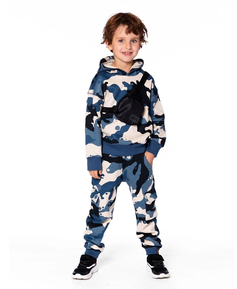 Deux par Toddler Boys Hooded Fleece Sweatshirt with Crossbody Bag Blue Camouflage - Toddler|Child