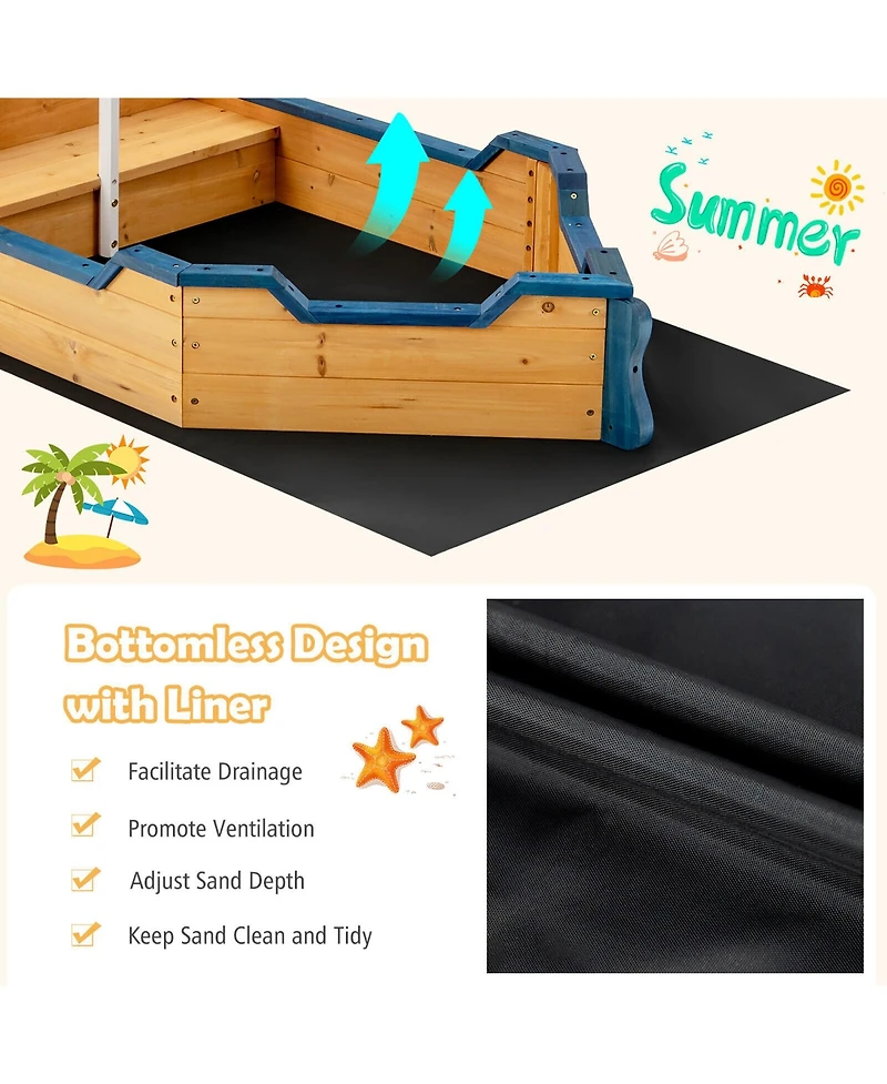 Gymax Toddler Pirate Boat Wooden Sandbox Non-Woven Fabric Liner Children Outdoor Playset