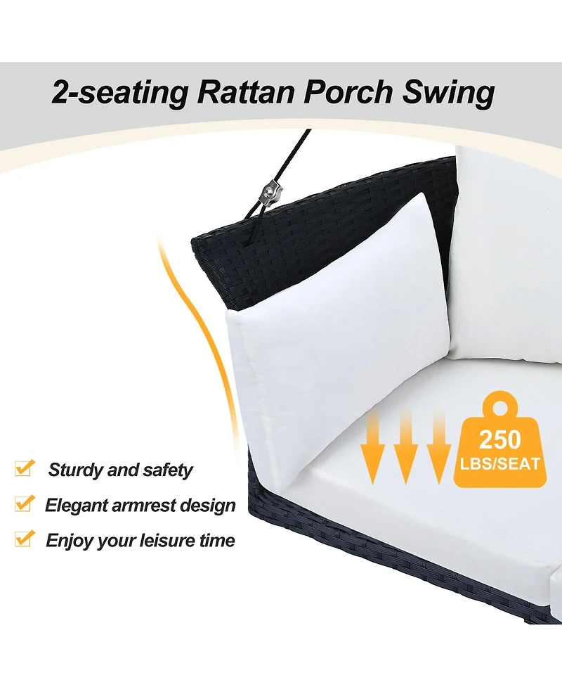 Flynama Go 51.9" 2-Person Hanging Seat, Rattan Woven Swing Chair, Porch Swing With Ropes, Black Wicker And White Cushion