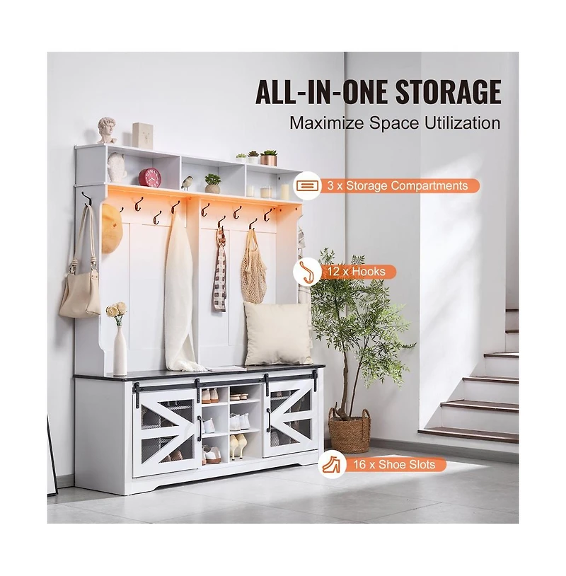 Led Hall Tree Bench with Shoe Storage, 12 Hooks, Shelves, and Seating for Entryway
