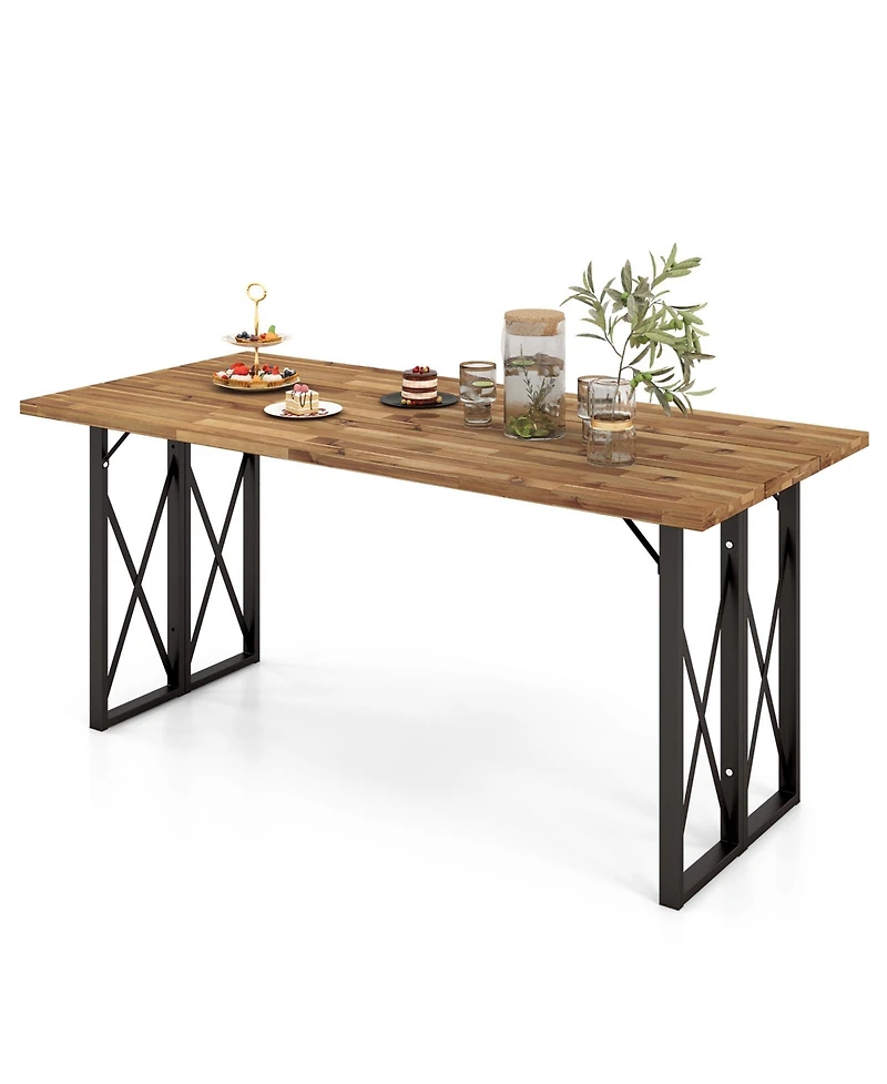 Gymax 67'' Heavy-Duty Rectangle Table Acacia Wood Dining Table w/ Umbrella Hole Patio