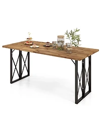 Gymax 67'' Heavy-Duty Rectangle Table Acacia Wood Dining Table w/ Umbrella Hole Patio