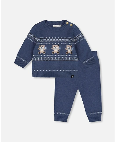 Deux par Baby Boys Knitted Jacquard Sweater and Pant Set Blue Gray with Bears