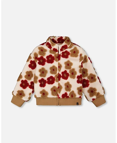 Deux par Girl Full Zip Sherpa Jacket with Jacquard Floral Pattern Beige and Red
