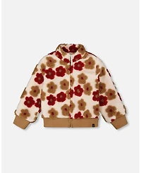 Deux par Girl Full Zip Sherpa Jacket with Jacquard Floral Pattern Beige and Red
