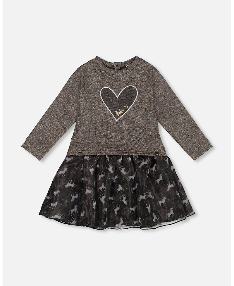 Deux par Girl Bi-Material Dress Black with Mesh Skirt and Heart - Child