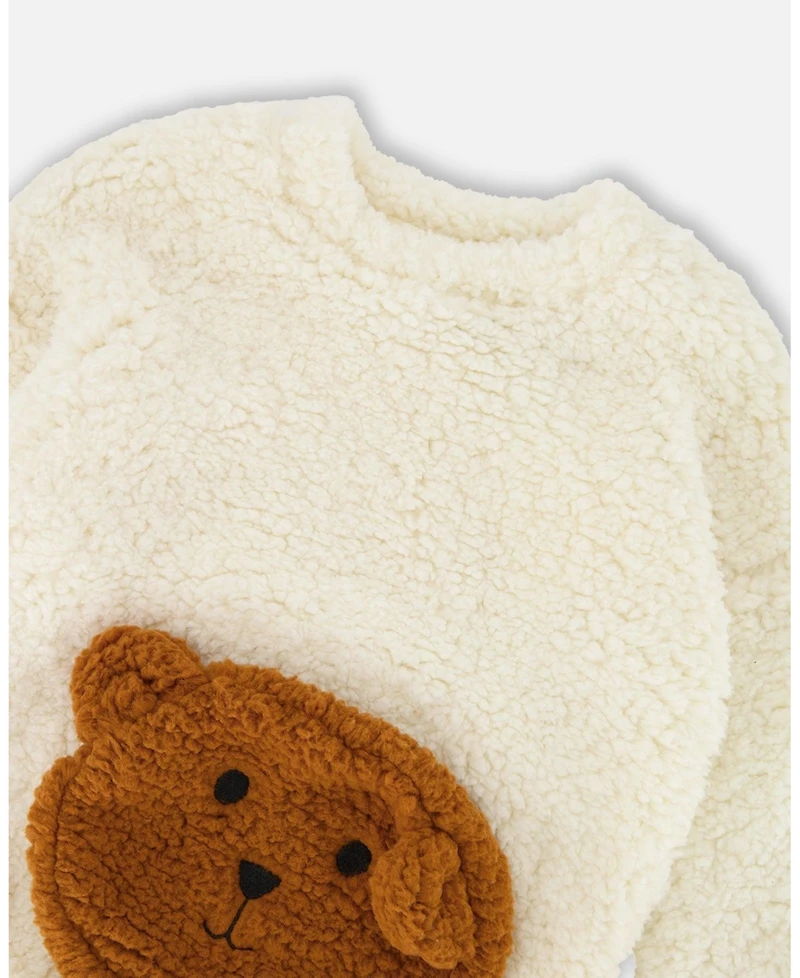 Deux par Big Girls Plush Tunic Off-White with Bear Pocket