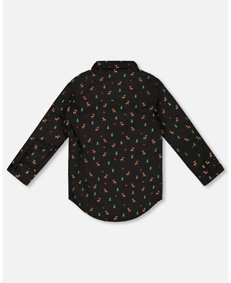 Deux par Baby Boy Printed Poplin Shirt Black and Multicolor with Bow Tie