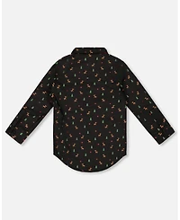Deux par Baby Boy Printed Poplin Shirt Black and Multicolor with Bow Tie