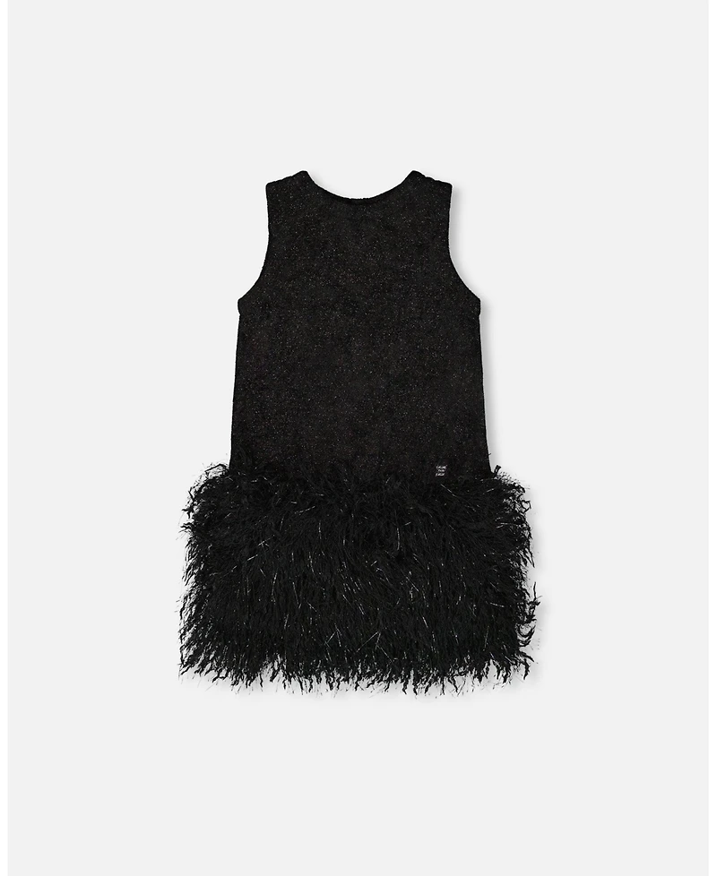 Deux par Big Girls Sleeveless Bi-Material Lurex Dress with Feathers Black