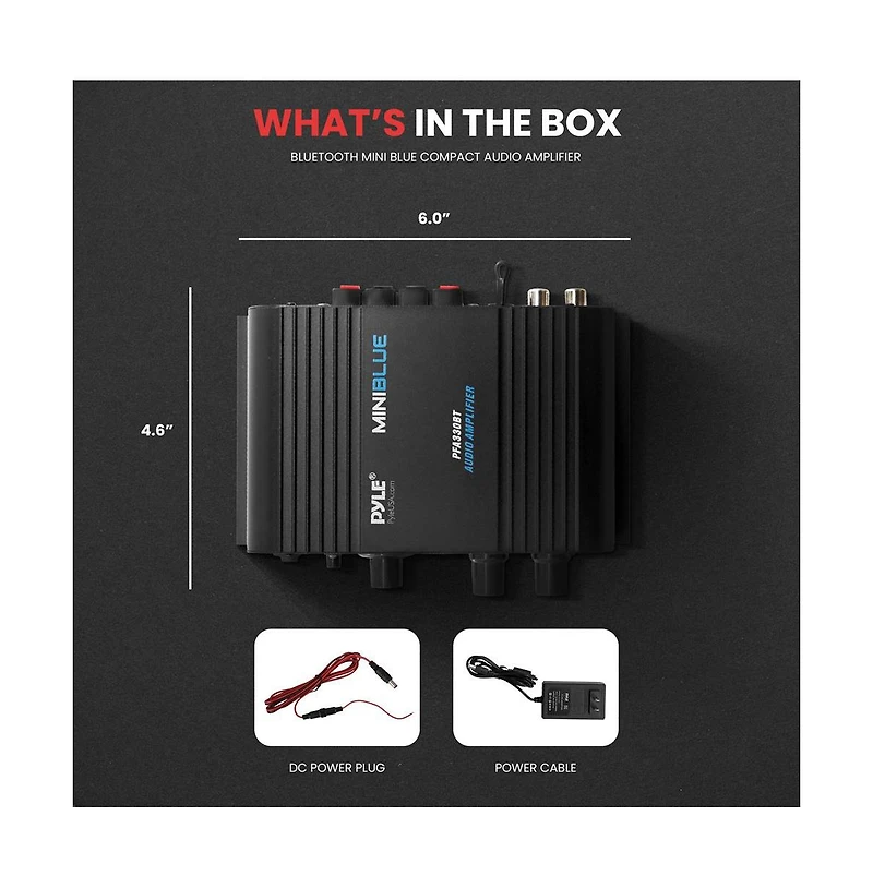 Pyle Bluetooth Mini Blue Compact Audio Amplifier - Aux Input, Push-Type Terminals, Includes Power Adapter, 90 Watt Amp