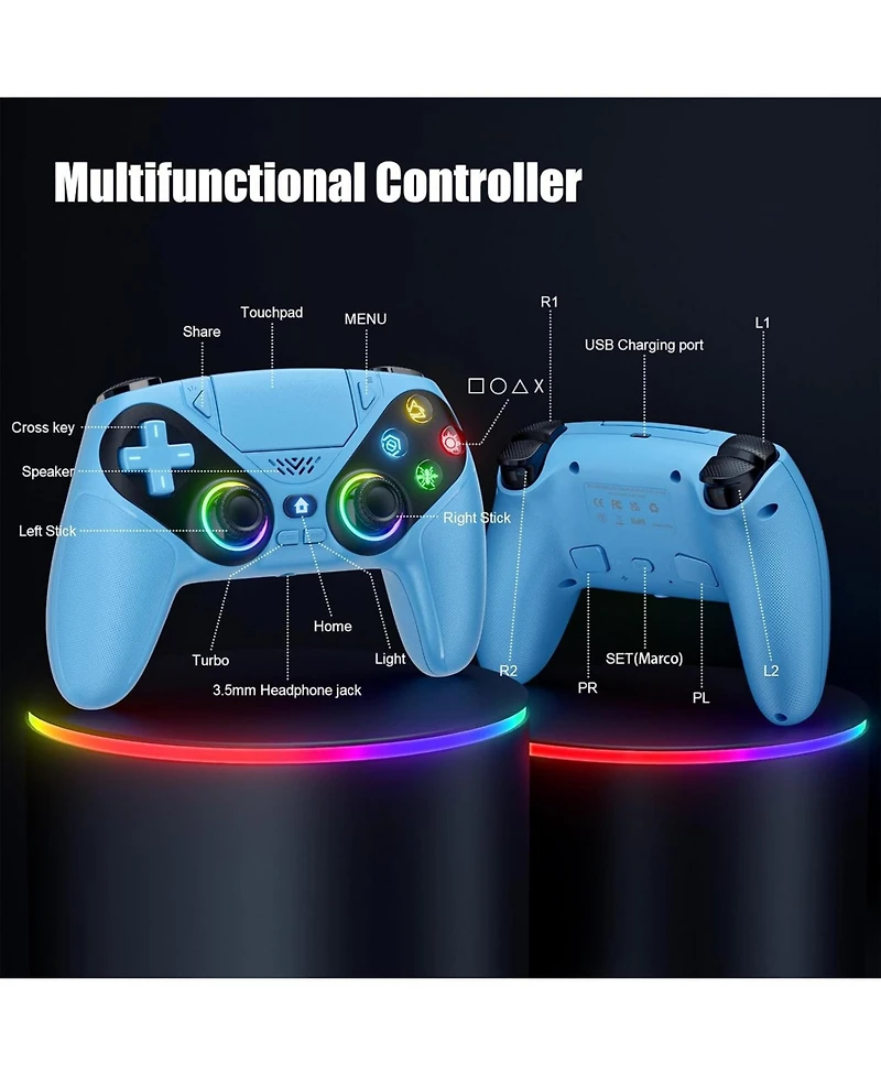 Nbcp Rgb Wireless Controller for PS5/Pc, Bluetooth, Dynamic Vibration, 6-Axis Motion, 3.5mm Audio Jack, Turbo, 1000mAh Battery, Speaker - Blue