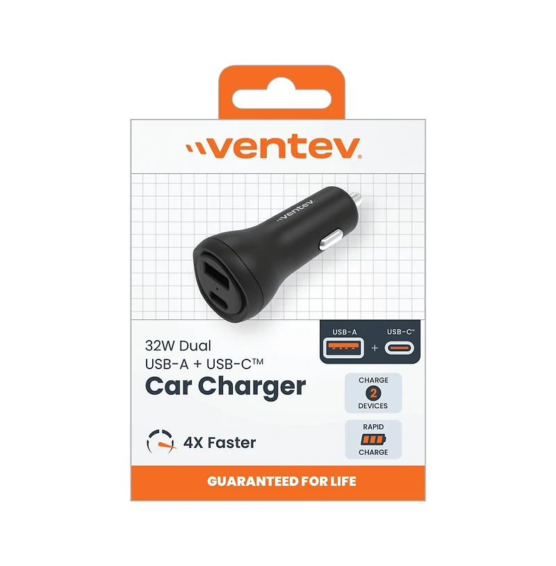 Ventev 32W Ultrafast Usb C and Usb A Universal Dual Car Charger-Black