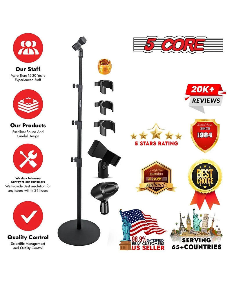 5 Core Mic Stand Floor Pair Adjustable Heavy Weight Microphone Stands Round Base