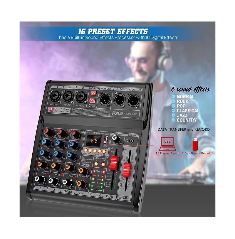 Pyle 3-Channel Audio Mixer With Usb Interface, Built-in Fx Processor, MP3 Player, Xlr & 6.35 Jack Connectors