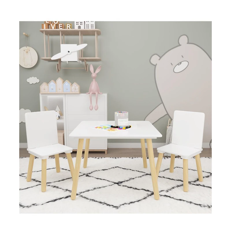 Cesicia Kids Table and 2 Chairs Set, 3 Pieces Toddler Table and Chair Set, Wooden Activity Play Table Set (White)