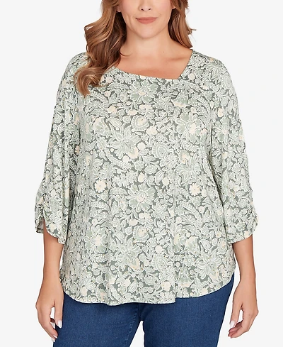 Ruby Rd. Plus Floral Dew Drop Ruched Sleeves Top