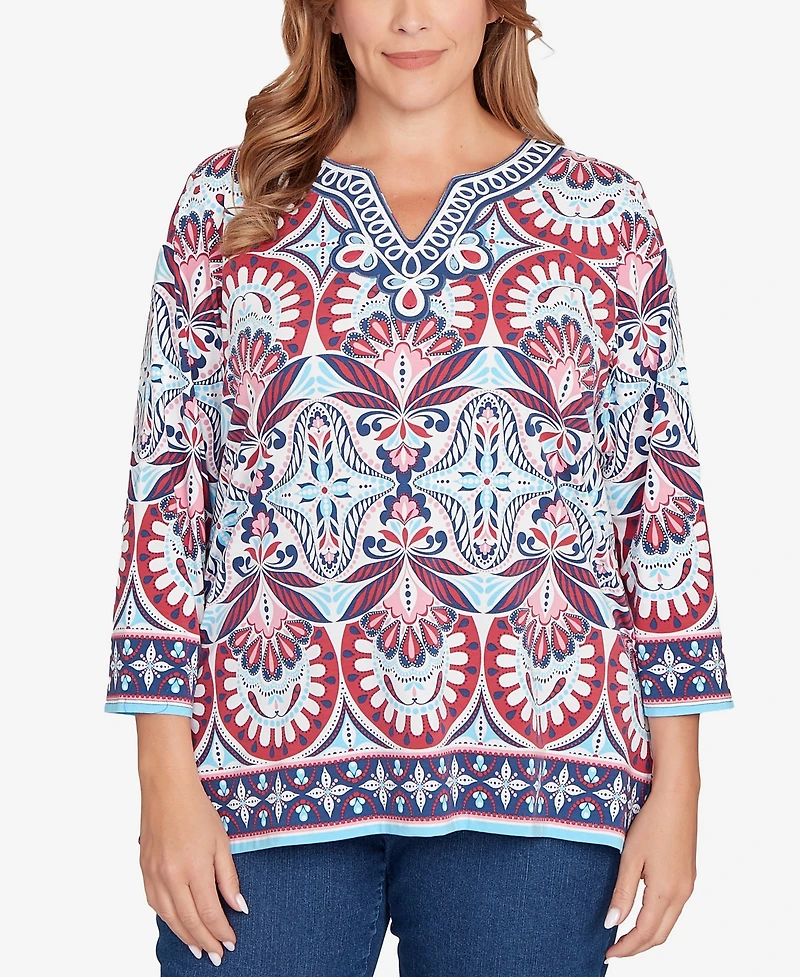 Ruby Rd. Plus Embellished Geo Border Knit Top
