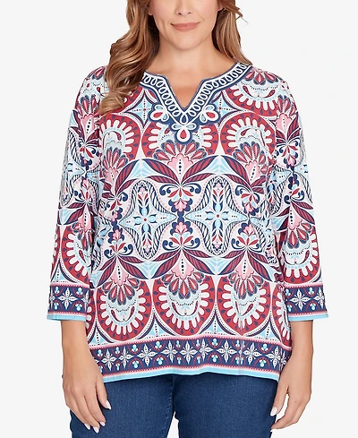 Ruby Rd. Plus Embellished Geo Border Knit Top