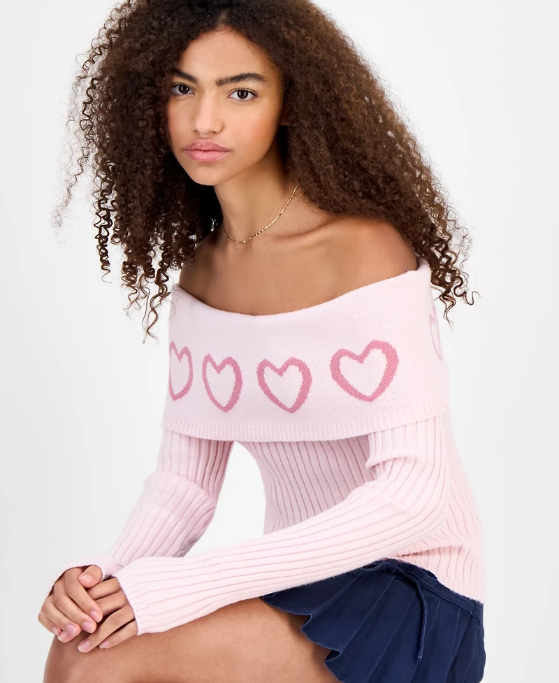 Madden Girl Juniors' Jacquard-Heart Off-The-Shoulder Sweater