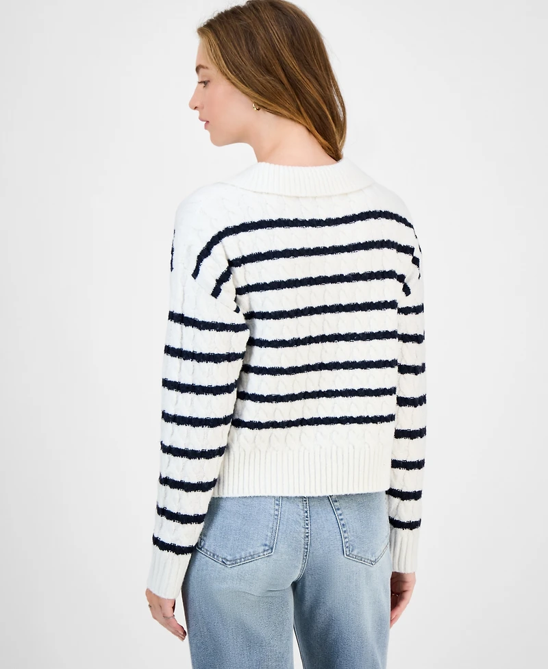 Hooked Up by Iot Juniors' Striped Cable-Knit Collar Sweater