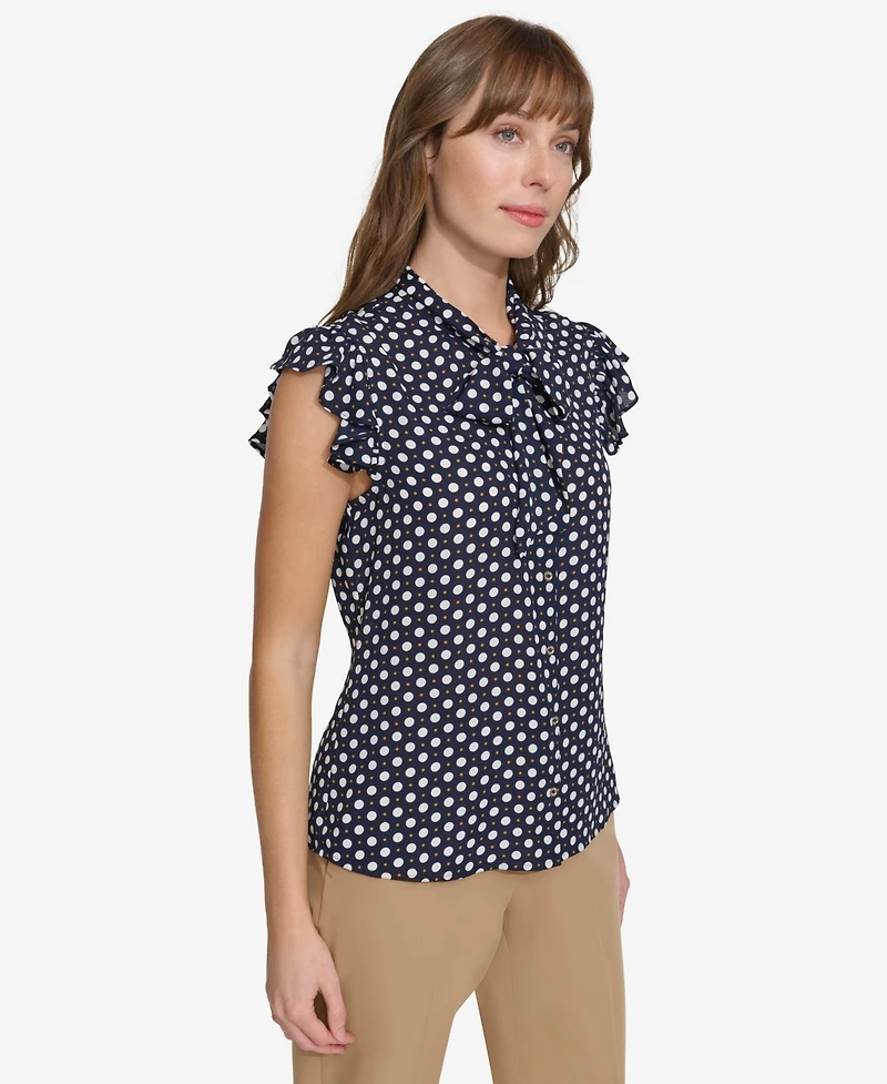 Tommy Hilfiger Women's Double Dot Ruffle Sleeve Bow Blouse