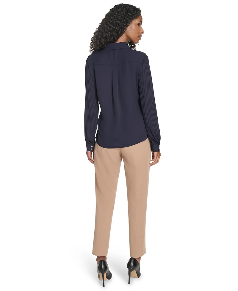 Tommy Hilfiger Women's Pleated Sleeve Button Up Blouse