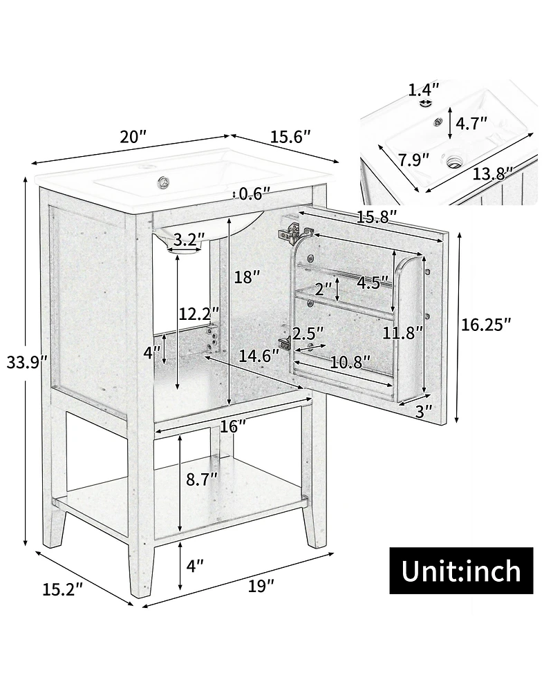 Casainc 20" Vanity with Sink and Soft-Close Door, Bathroom Cabinet with Storage Rack and Open Shelf