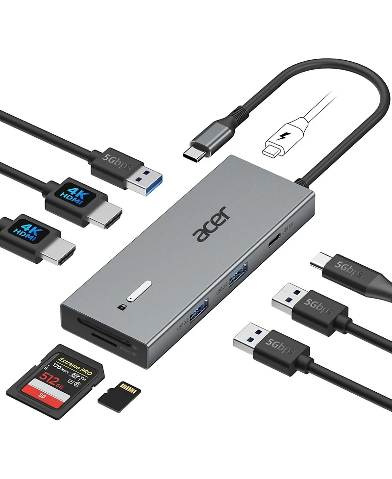 Acer Usb-c Docking Station with Dual Hdmi | 9-in-1 Laptop Multiport Adapter | 4K Hdmi, Usb A & C Ports, Sd/Micro Sd, 100W Pd Charging | Compatible wit