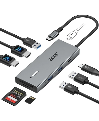 Acer Usb-c Docking Station with Dual Hdmi | 9-in-1 Laptop Multiport Adapter | 4K Hdmi, Usb A & C Ports, Sd/Micro Sd, 100W Pd Charging | Compatible wit