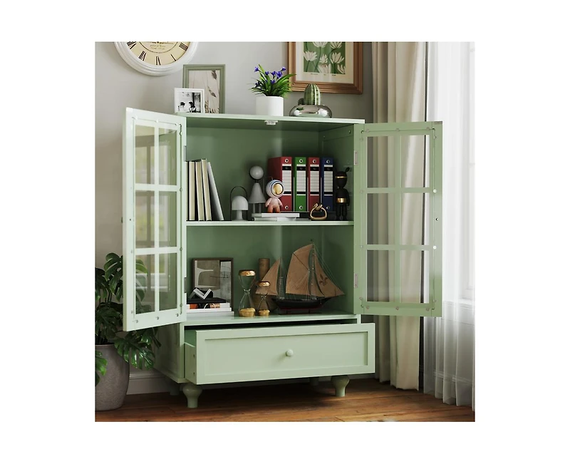 Casainc Kitchen Cabinet with Double Glass Doors and Drawer