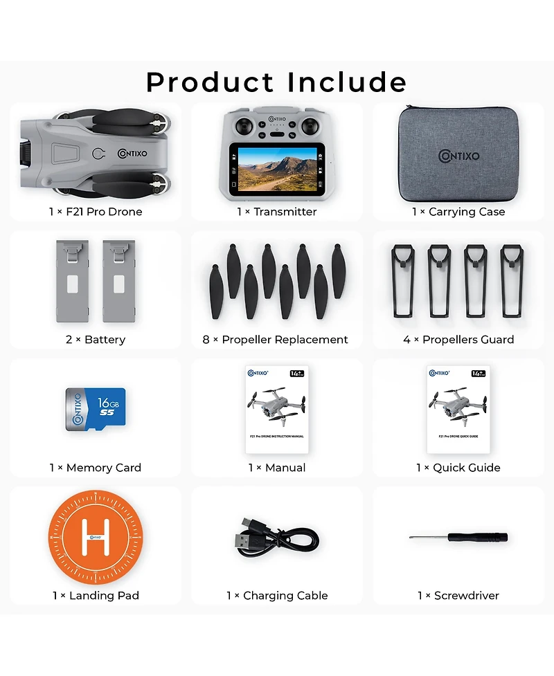 Contixo F21 Pro Foldable Drone with 4.3" Screen Remote, Obstacle Avoidance, Brushless Motors, 2 Batteries for Beginners