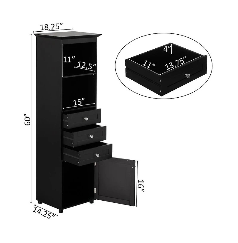 Basicwise Tall Freestanding Storage Organizer Linen Tower, Vanity Closet, Bathroom Cabinet with 2 Open shelves, 3 Drawers, and a White