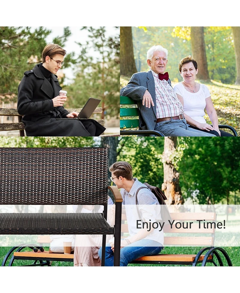 Gymax Set of 2 Patio Wicker Bench All Weather Rattan Chair Loveseat w/ Acacia Armrest