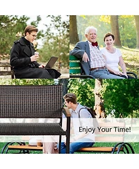 Gymax Set of 2 Patio Wicker Bench All Weather Rattan Chair Loveseat w/ Acacia Armrest