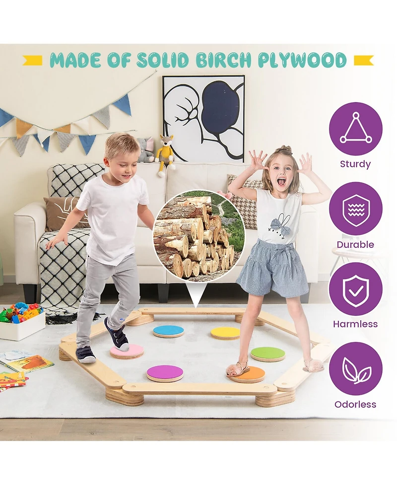 Gymax Toddler Wooden Balance Beam with Colorful Steeping Stones 12 Piece Obstacle Course