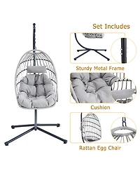 Duty Iron Hanging Chair with Wicker Weave – Single Person Swing for Indoor/Outdoor (Gray)