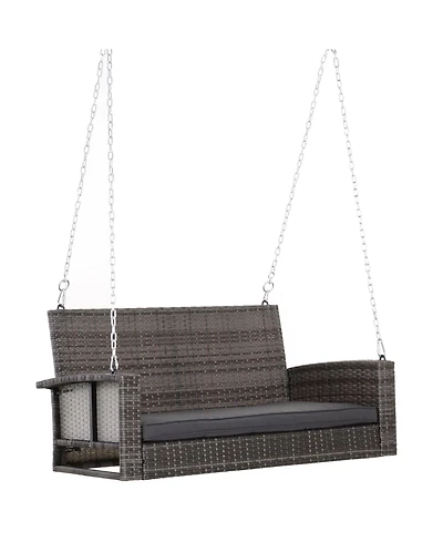 Flynama 2 Person Wicker Hanging Swing Bench, Front Porch Swing Outdoor Chair with Cushions 550 lbs. Weight Capacity for Backyard, Garden, Grey