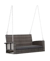 Flynama 2 Person Wicker Hanging Swing Bench, Front Porch Swing Outdoor Chair with Cushions 550 lbs. Weight Capacity for Backyard, Garden, Grey