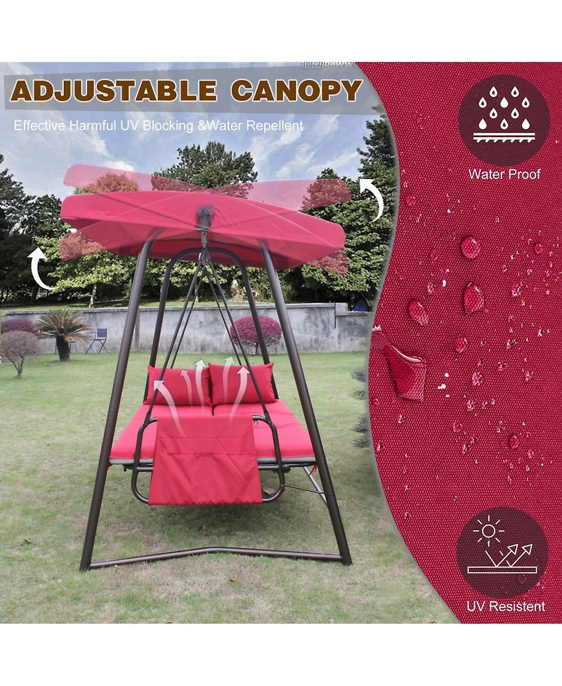 Flynama Outdoor Patio 3 seaters Metal Swing Chair Swing bed with Cushion and Adjustable Canopy Red Color