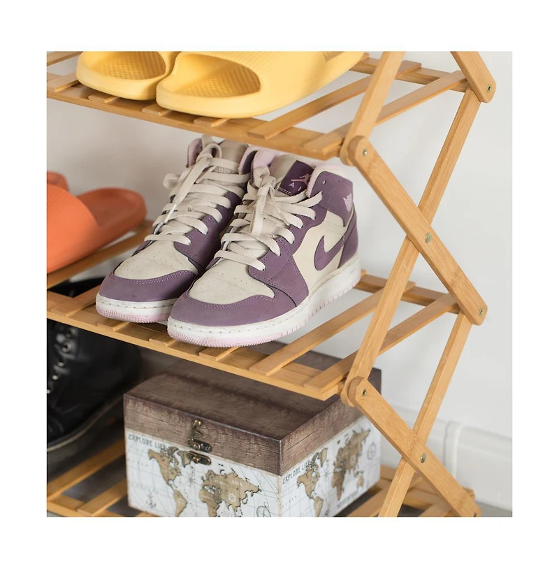 Basicwise Bamboo Foldable Shoe Rack, Free Standing Shoe Organizer Storage Rack, 4 Tier