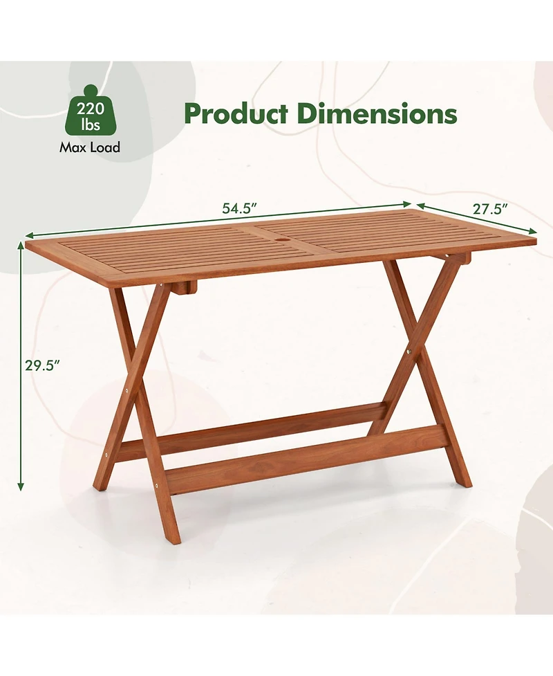Gymax 54.5'' x 27.5'' Patio Dining Table w/ Teak Painting 2'' Umbrella Hole for Balcony