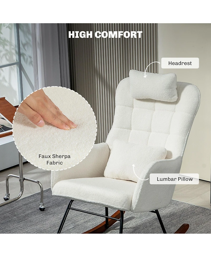 Homcom Teddy Fleece Rocking Chair with Headrest and Lumber Pillow,