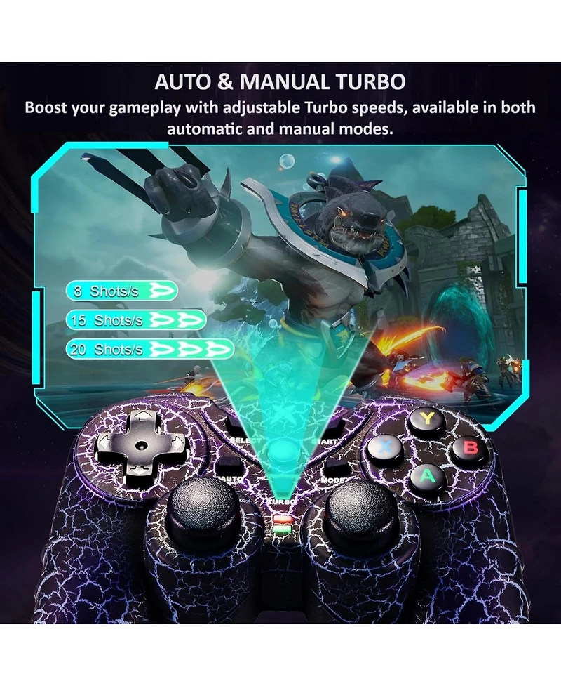 Nbcp Light-Up Wireless Controller for Pc, Black Crack Design with Rgb Led Lights, Turbo Function, Compatible with Windows & Steam