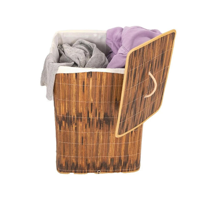 Wickerwise Square Bamboo Collapsible Waterproof Laundry Hamper with Lid and Handles for Organizer, Clothes, Toy Durable Folder Washing Bin for Easy Ca