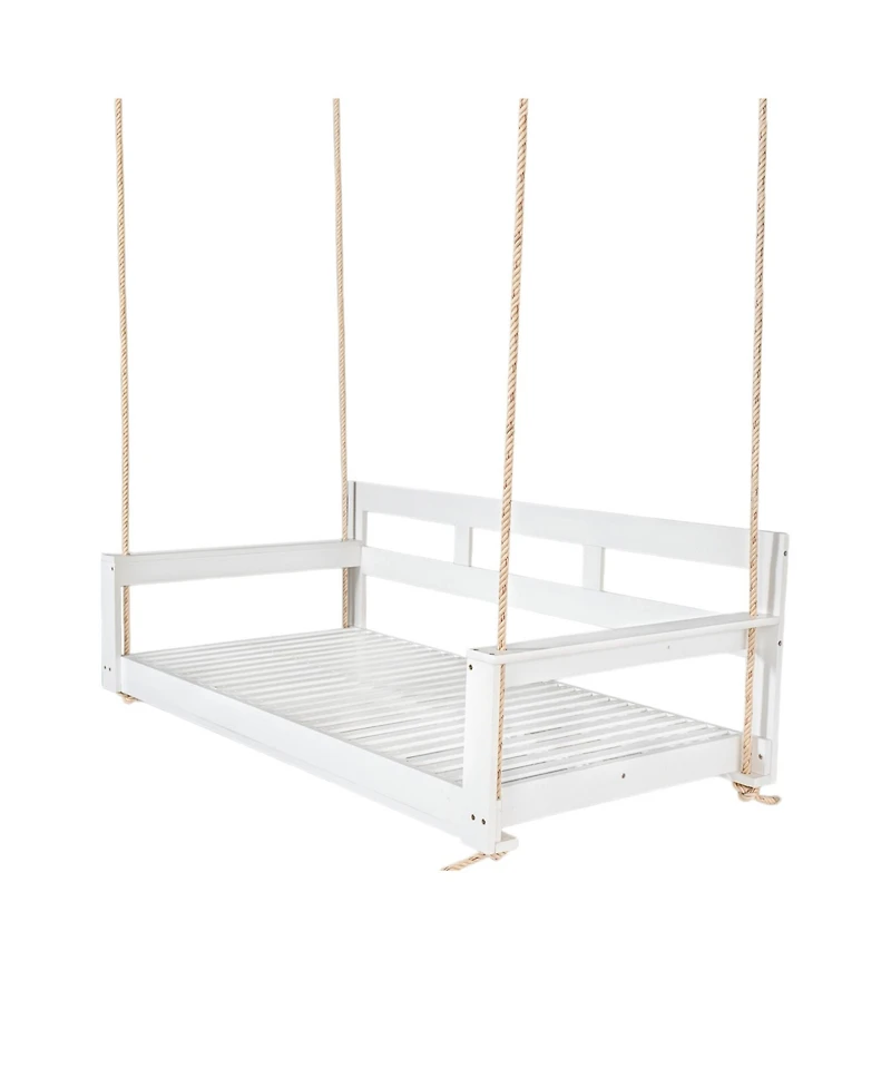 Flynama Patio Wooden Twin Size Porch Swing Daybed Frame, Garden Swing Bench Chair with 4 Hanging Ropes for Backyard,Outdoor,White