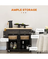 Halifax North America Brown Oak Kitchen Trolley: Rolling Cart with Rubberwood Top & Racks