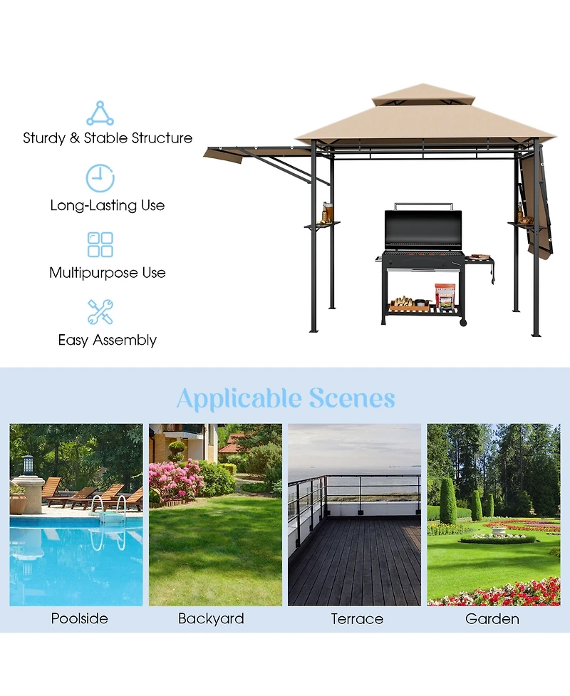 Gymax 13.5' x 4' Patio Bbq Grill Gazebo Side Awnings Shelves 2-Tier Canopy Outdoor