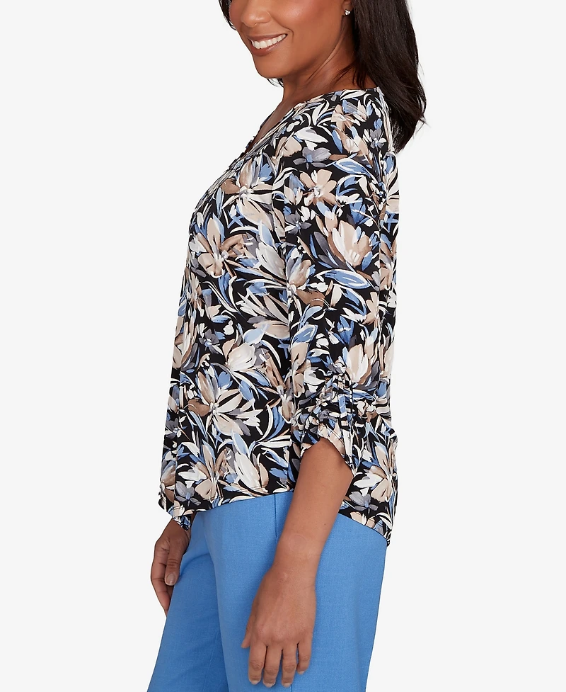 Alfred Dunner Women's Tie Sleeve Brushstroke Floral Knit Top