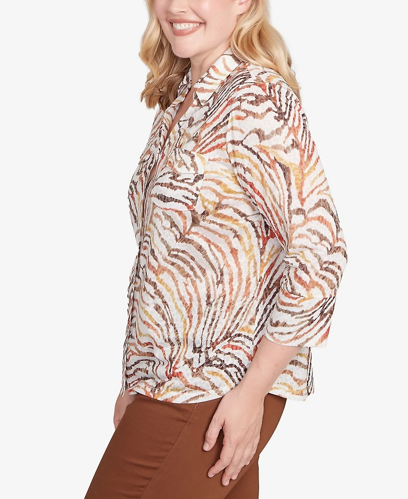 Alfred Dunner Women's Mount Laurel Animal Burnout Button Front Top